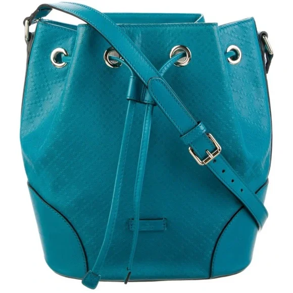 *BUY NOW* Item. Gucci Bright Turquoise Diamante Leather Bucket Bag Gold Hardware - Picture 4 of 11